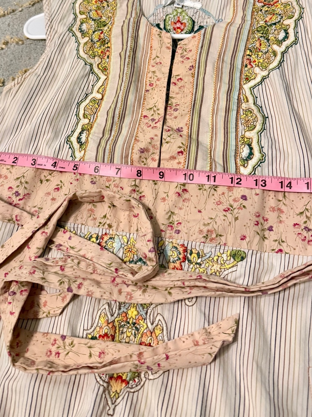 Johnny Was Embroidered Midi Dress M Boho Stripe Floral Tie Waist EUC - Picture 10 of 12